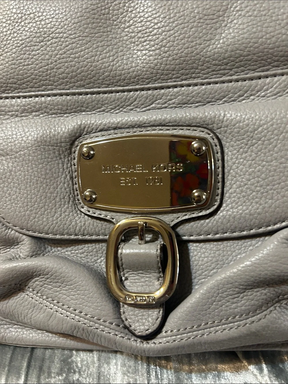 Michael Kors Light Gray Pebbled Leather Shoulder Bag with Gold Hardware